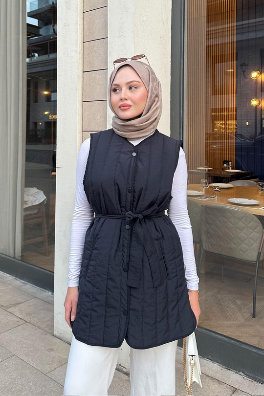 Bel Bağlamalı İnce Yelek Siyah