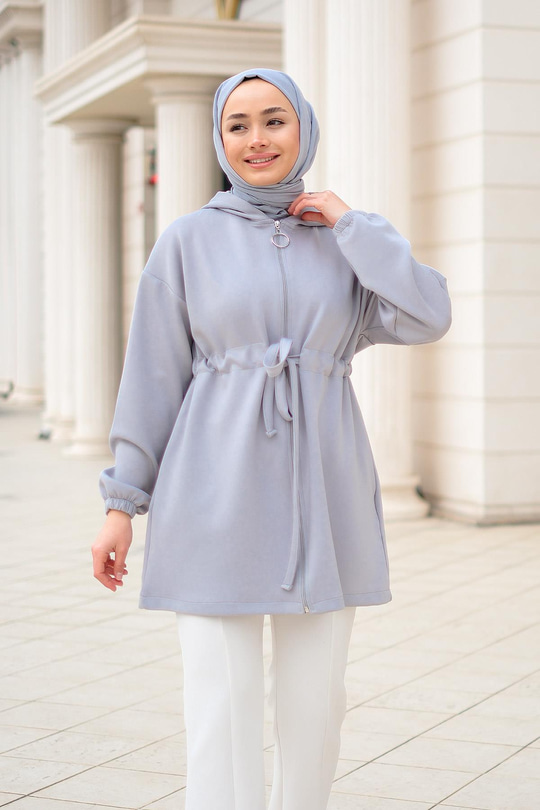 Bel Bağlamalı Kapüşonlu Hırka Gri