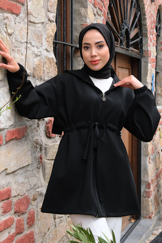 Bel Bağlamalı Kapüşonlu Hırka Siyah
