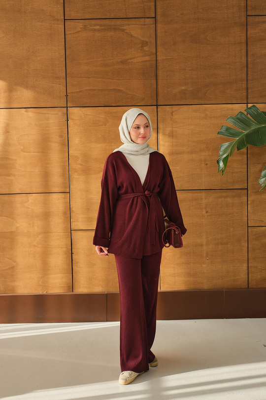 Bel Bağlamalı Kimono Takım Bordo