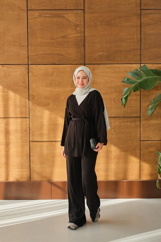 Bel Bağlamalı Kimono Takım Siyah