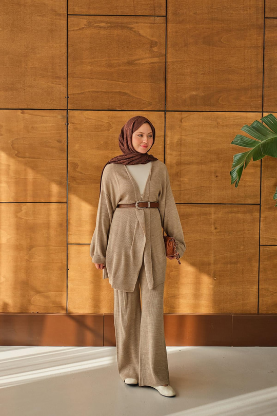 Bel Bağlamalı Kimono Takım Vizon