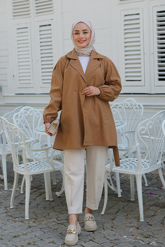 Bel Bağlamalı Kısa Trenç Vizon