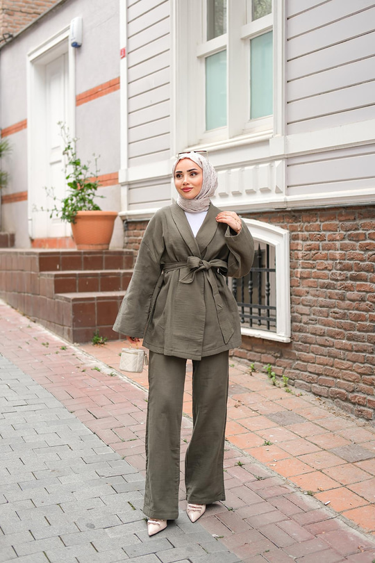 Bel Bağlamalı Müslin Takım Haki Yeşil