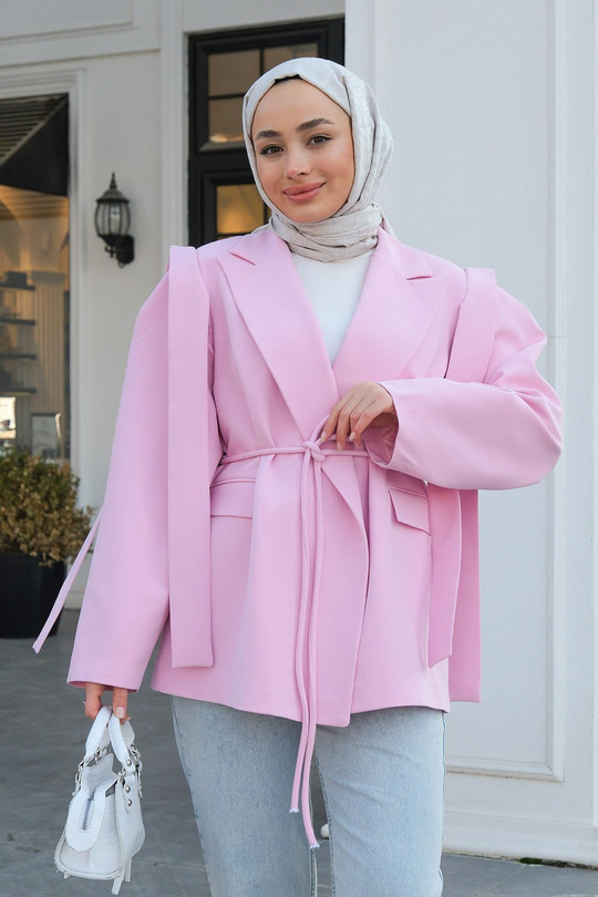 Bel Bağlamalı Omuz Vatkalı Ceket Pembe