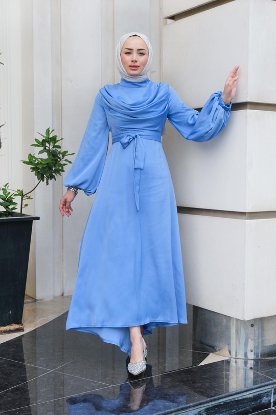 Bel Bağlamalı Önü Fermuarlı Elbise  Bebe Mavi
