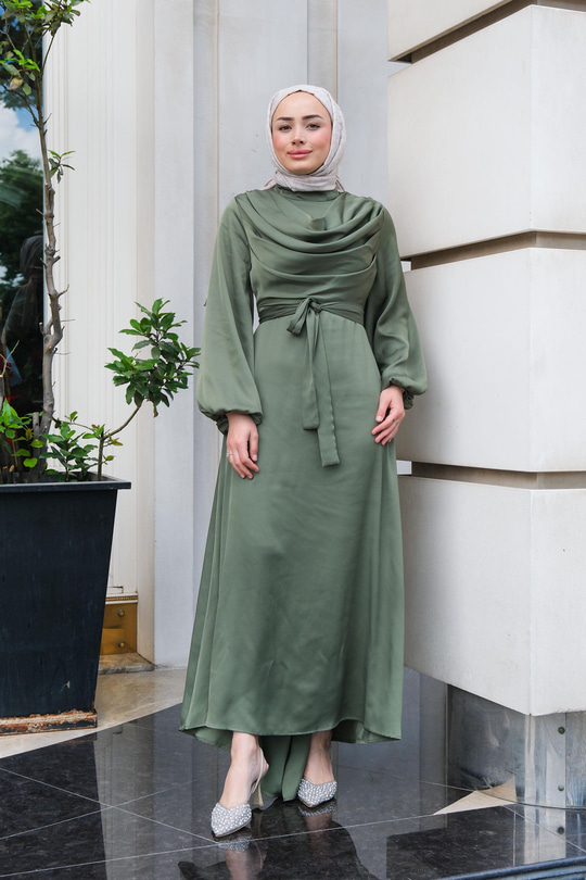 Bel Bağlamalı Önü Fermuarlı Elbise  Yağ Yeşil