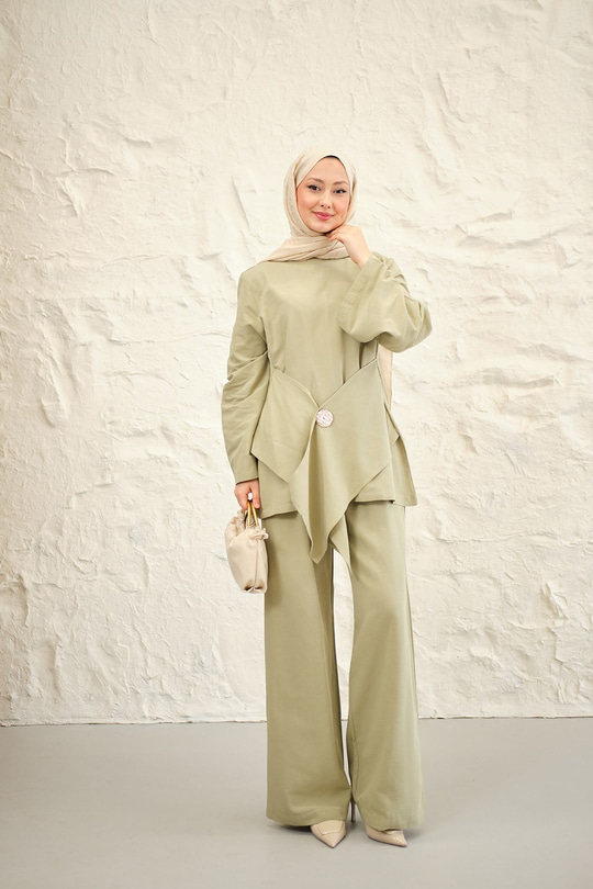 Bel Bağlamalı Pantolonlu Takım Su Yeşil