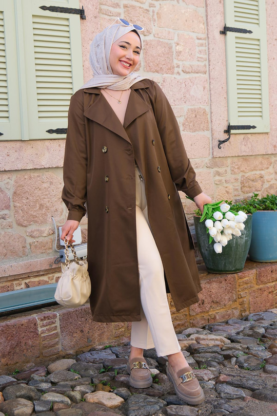 Bel Bağlamalı Su İtici Trençkot Kahverengi