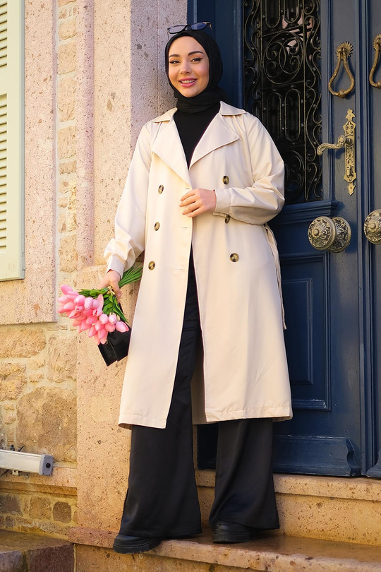 Bel Bağlamalı Su İtici Trençkot Krem