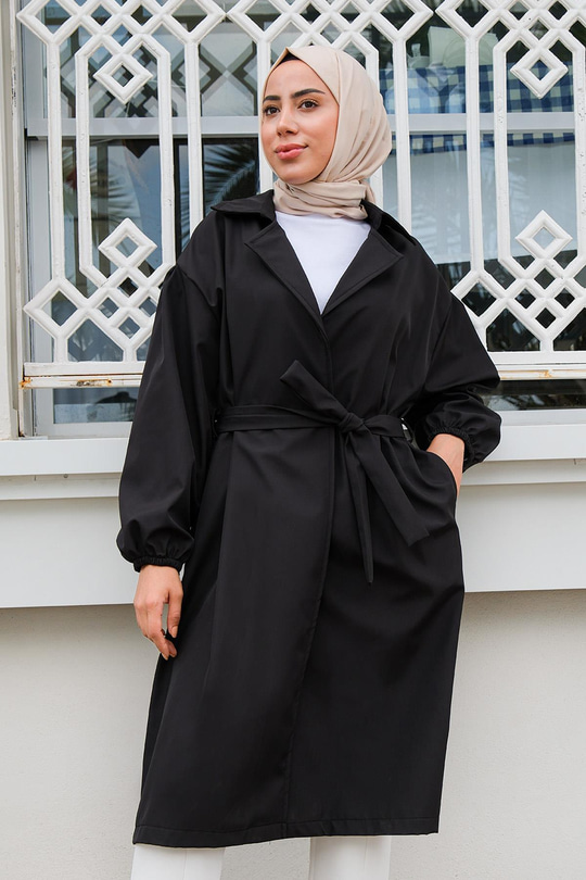 Bel Bağlamalı Su İtici Trençkot Siyah