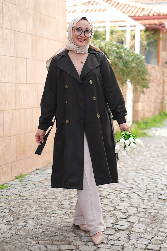 Bel Bağlamalı Su İtici Trençkot Siyah