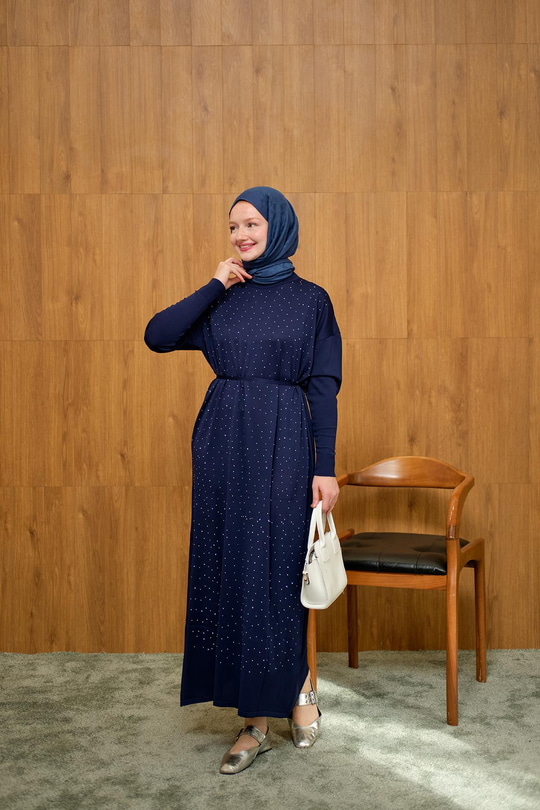 Bel Bağlamalı Taş Detay Triko Elbise Lacivert