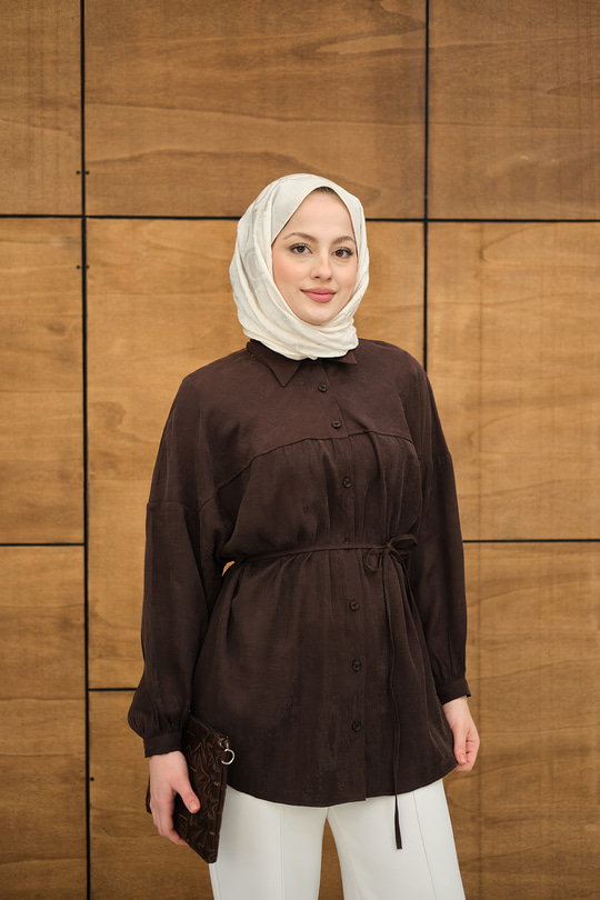 Bel Bağlamalı Tencele Gömlek Kahverengi