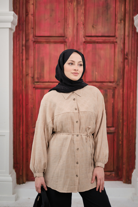 Bel Bağlamalı Tencele Gömlek Krem