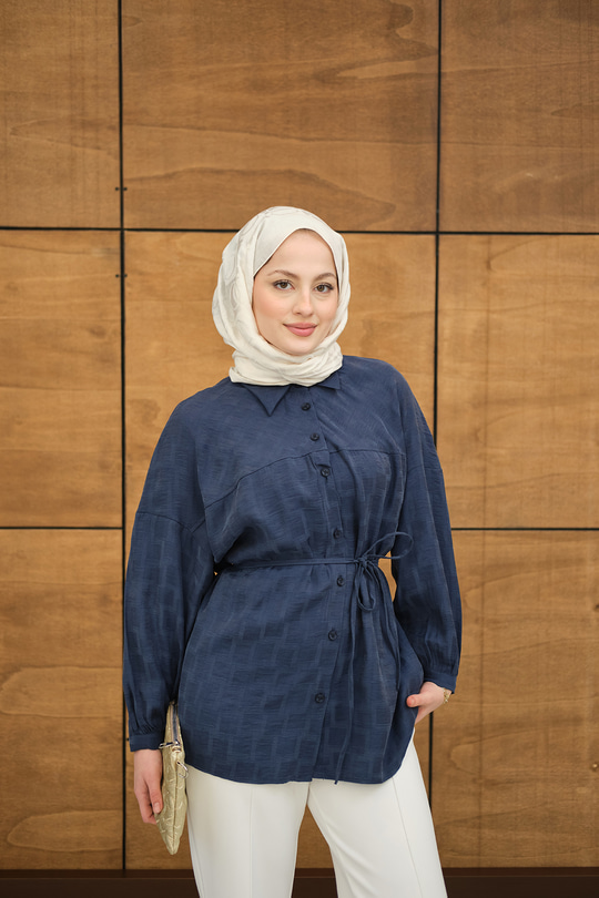 Bel Bağlamalı Tencele Gömlek Lacivert