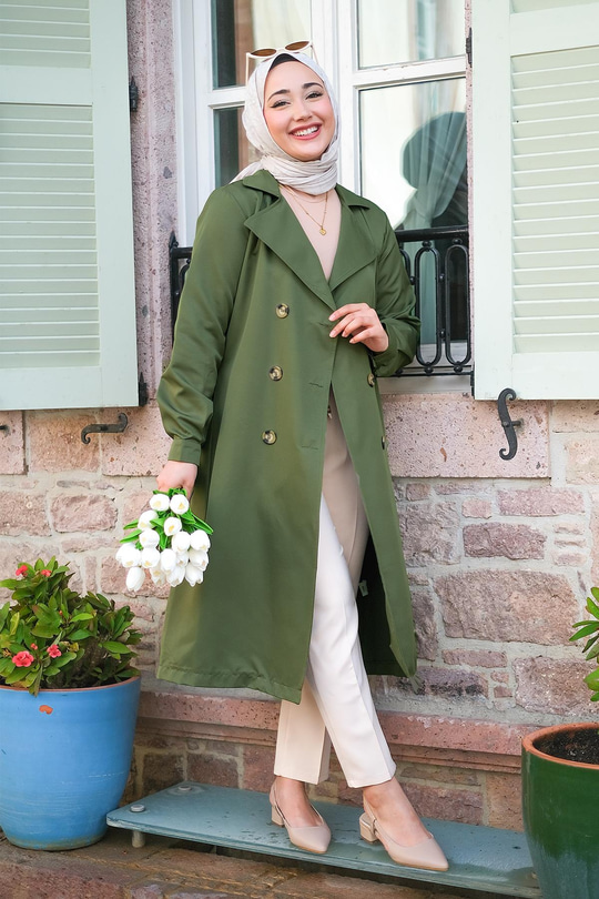 Bel Bağlamalı Trenç Haki Yeşil