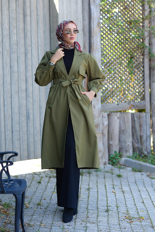 Bel Bağlamalı Trenç Haki Yeşil