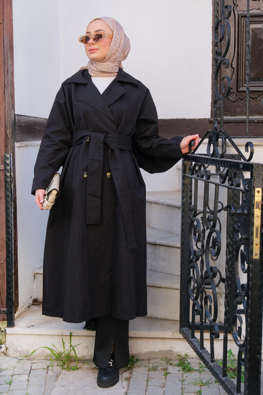 Bel Bağlamalı Trençkot Siyah