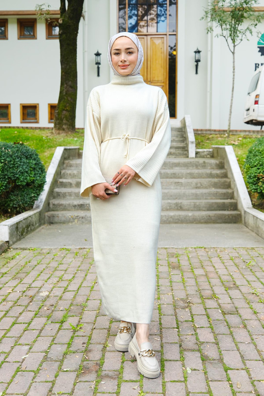 Bel Bağlamalı Triko Elbise Bej