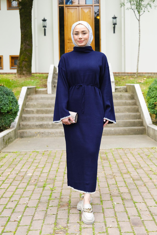 Bel Bağlamalı Triko Elbise Lacivert