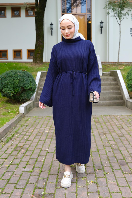 Bel Bağlamalı Triko Elbise Lacivert