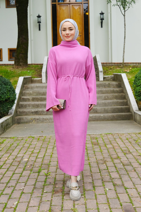 Bel Bağlamalı Triko Elbise Pembe