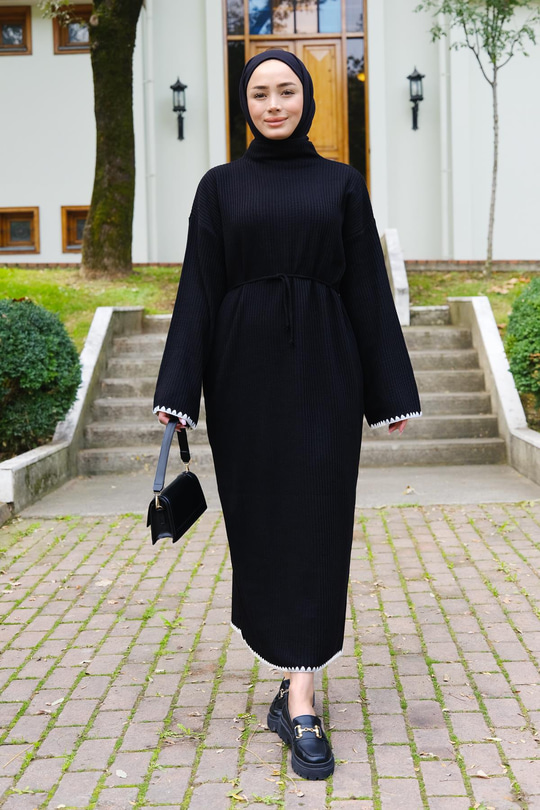 Bel Bağlamalı Triko Elbise Siyah