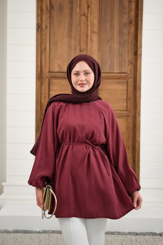 Bel Bağlamalı Tunik Bordo