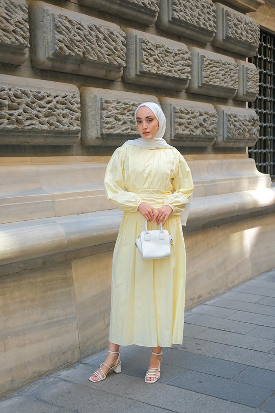 Bel Büzgü Detay Elbise Sarı