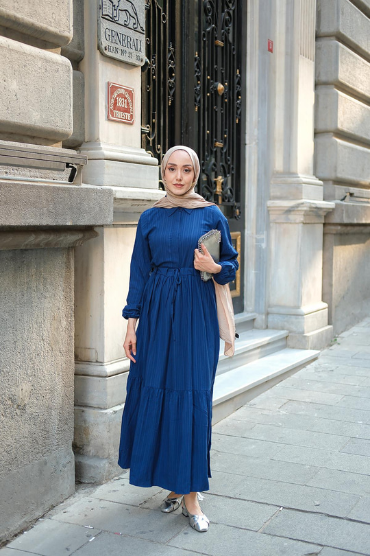 Bel Büzgülü Elbise Lacivert