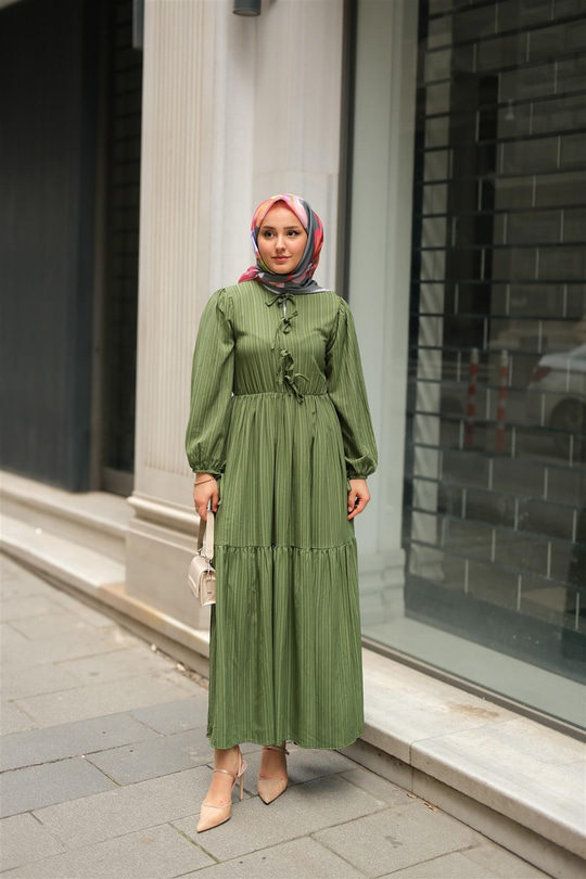 Bel Büzgülü Elbise Yeşil