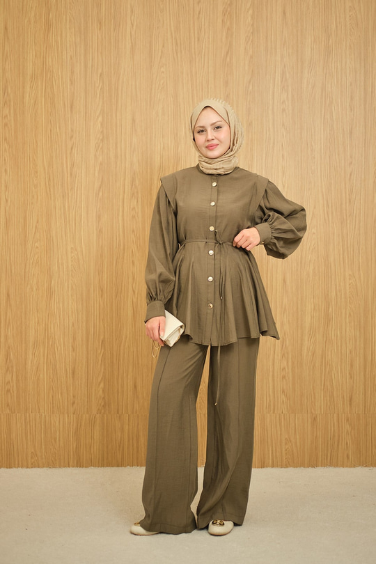 Bel Büzgülü Gold Düğme Detay Pantolonlu Takım Haki Yeşil