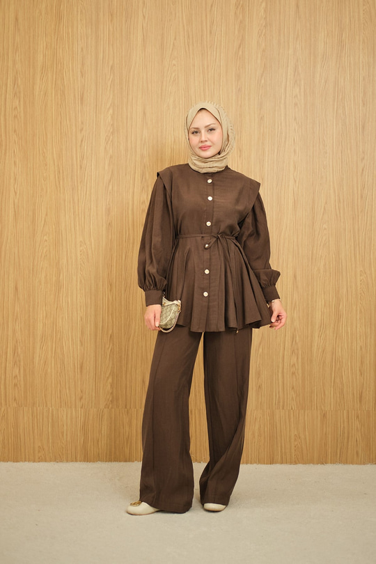 Bel Büzgülü Gold Düğme Detay Pantolonlu Takım Kahverengi