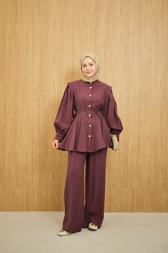 Bel Büzgülü Gold Düğme Detay Pantolonlu Takım Mürdüm