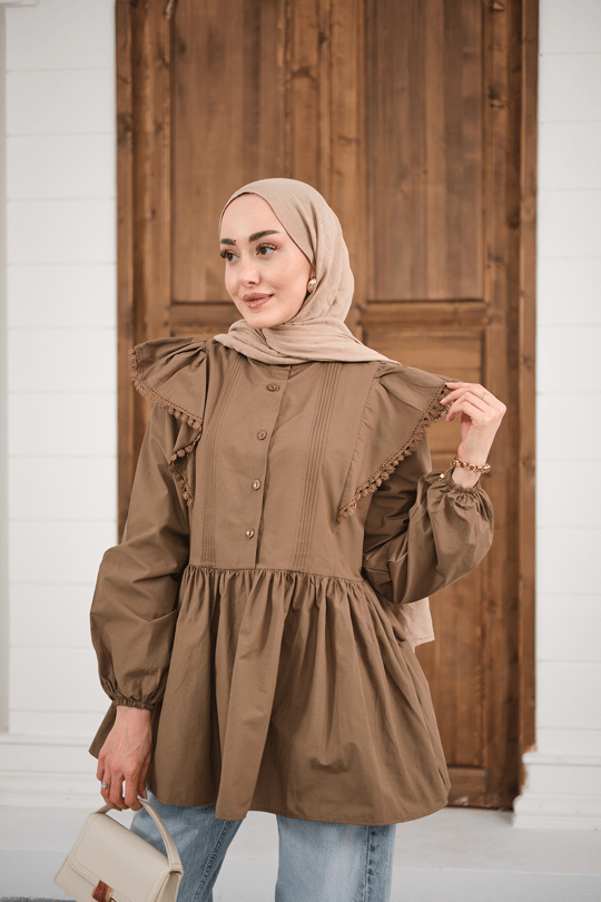 Bel Büzgülü Pile Detay Bisiklet Yaka Gömlek Kahverengi