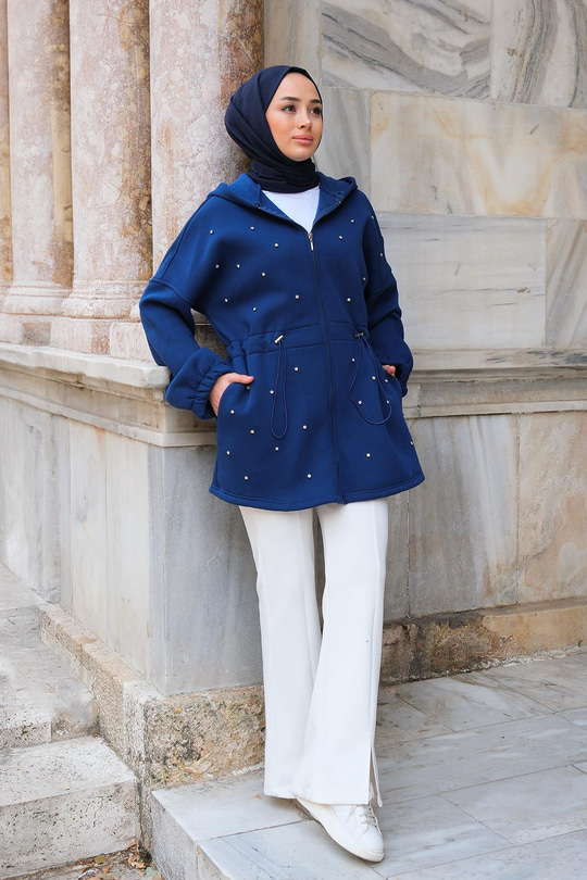 Bel Büzgülü Taşlı Kapüşonlu Sweatshirt   Lacivert