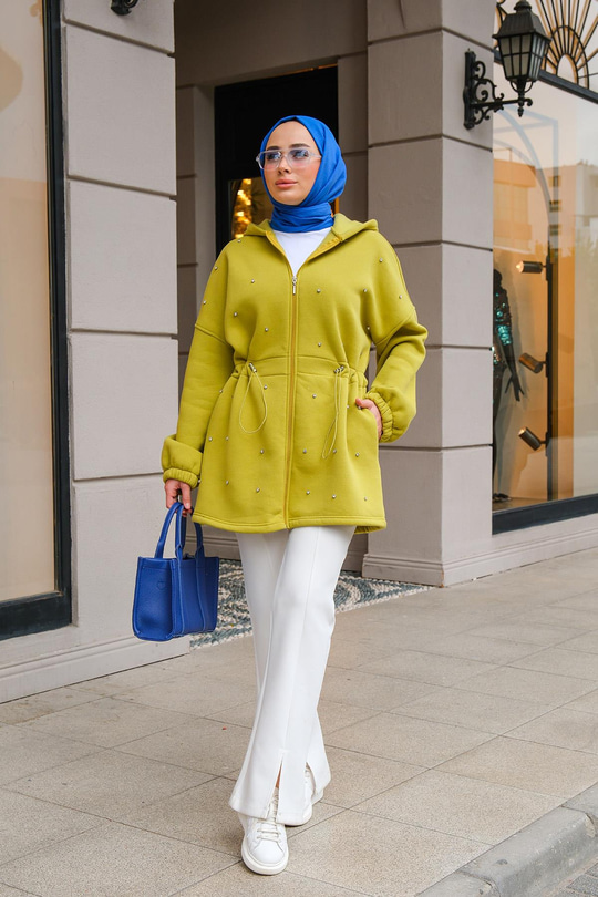 Bel Büzgülü Taşlı Kapüşonlu Sweatshirt Yağ Yeşil