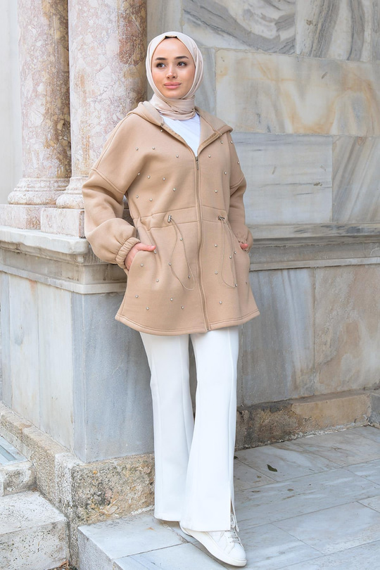 Bel Büzgülü Taşlı Kapüşonlu Sweatshirt   Vizon