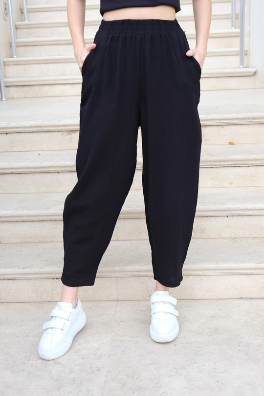 Bel Detaylı Pantolon Siyah