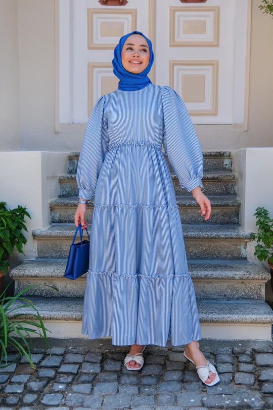 BEL LASTIK DETAYLI CIZGILI ELBISE MAVI