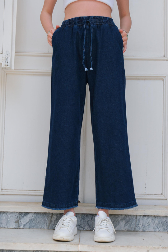 Bel Lastikli Bol Paça Pantolon Lacivert