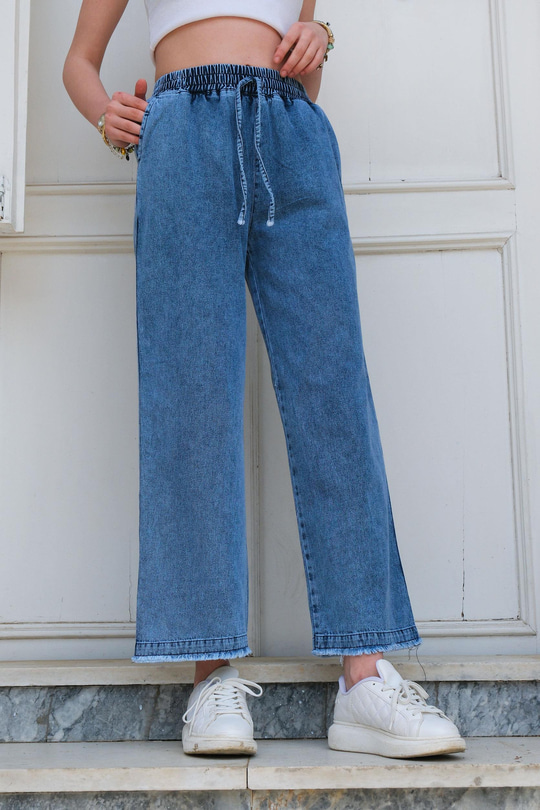 Bel Lastikli Bol Paça Pantolon Mavi