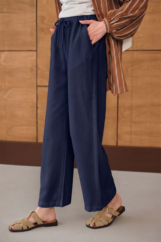 Bel Lastikli Bol Pantolon Koyu Mavi