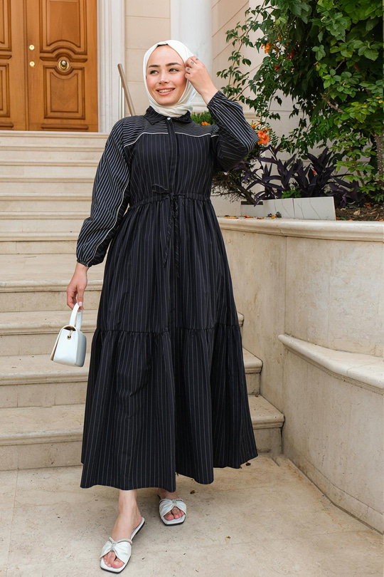 Bel Lastikli Çizgili Elbise Siyah