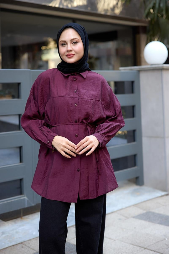 Belden Bağlamalı Gömlek Mürdüm