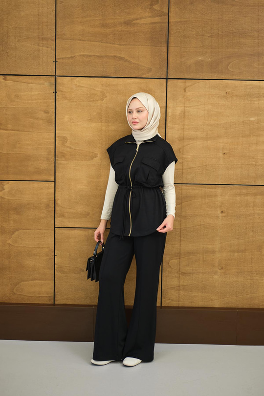 Beli Ayarlanabilir Gold Fermuar Detay Yelekli Takım Siyah