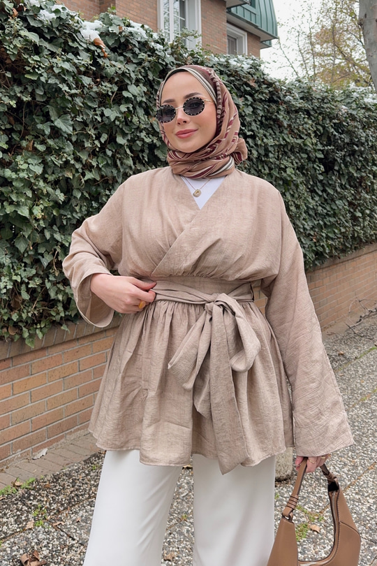 Beli Büzgülü Lidya Tunik Vizon