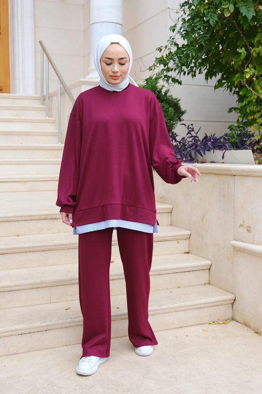 Beli Gömlek Detay Takım  Bordo