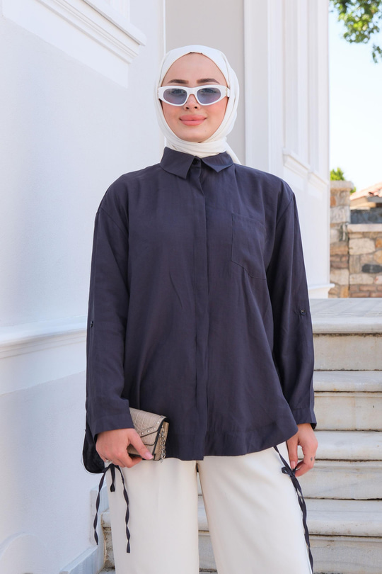 Beli İp Detay Tek Cepli Gömlek Antrasit